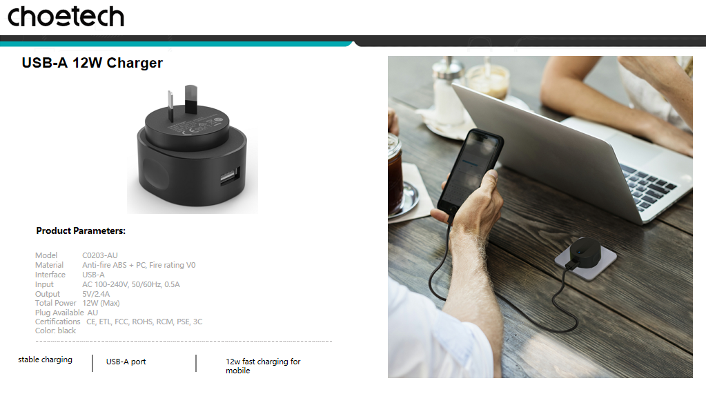 CHOETECH USB-A AC Adapter 12W, Anti-fire ABS, AU Plug, CE/FCC/ROHS Certified - SuperSaverAU - view 7