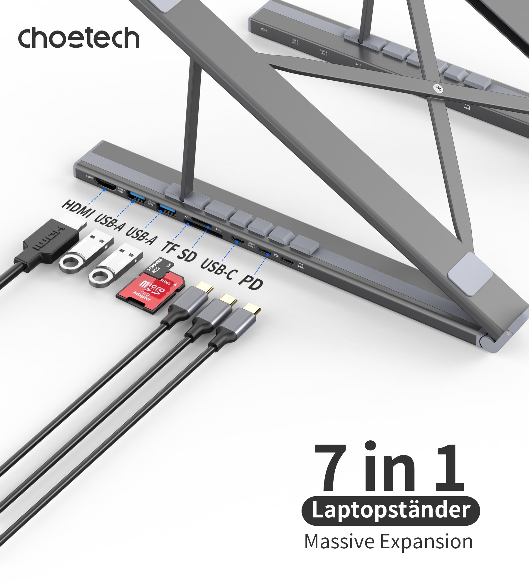CHOETECH 7-in-1 USB-C Hub & Foldable Laptop Stand with HDMI 4K, PD Charging - SuperSaverAU - view 2