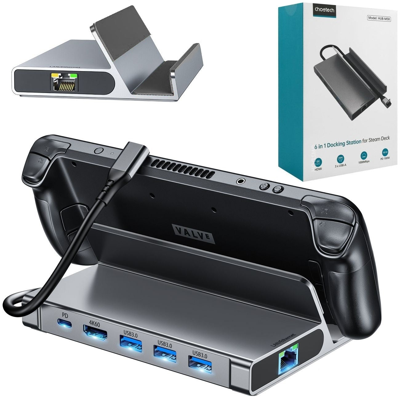 CHOETECH HUB-M50 6-in-1 USB-C 100W Aluminum Steam Deck Docking Station - SuperSaverAU - view 3