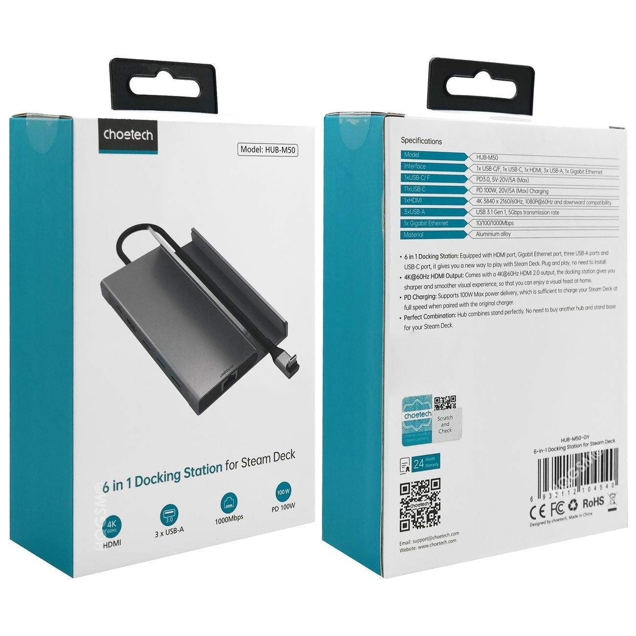 CHOETECH HUB-M50 6-in-1 USB-C 100W Aluminum Steam Deck Docking Station - SuperSaverAU - view 10