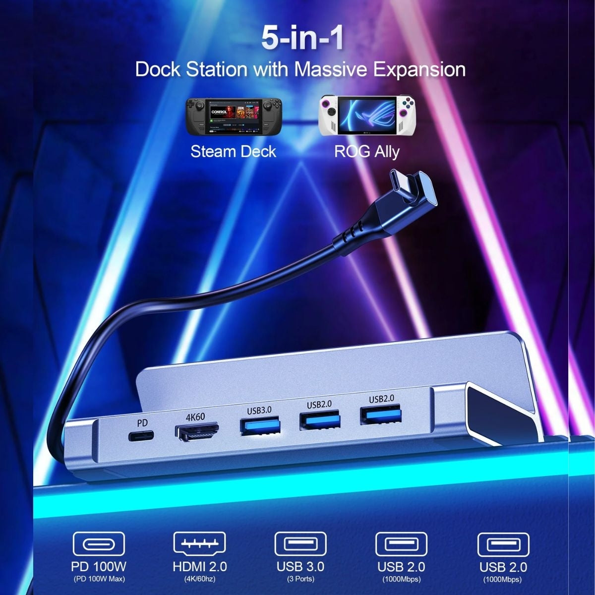 CHOETECH HUB-M77-GY PD100W 5-in-1 USB-C PD+HDMI+USB 3.0A/F+USB2.0 Steam Deck Docking Station - SuperSaverAU - view 8