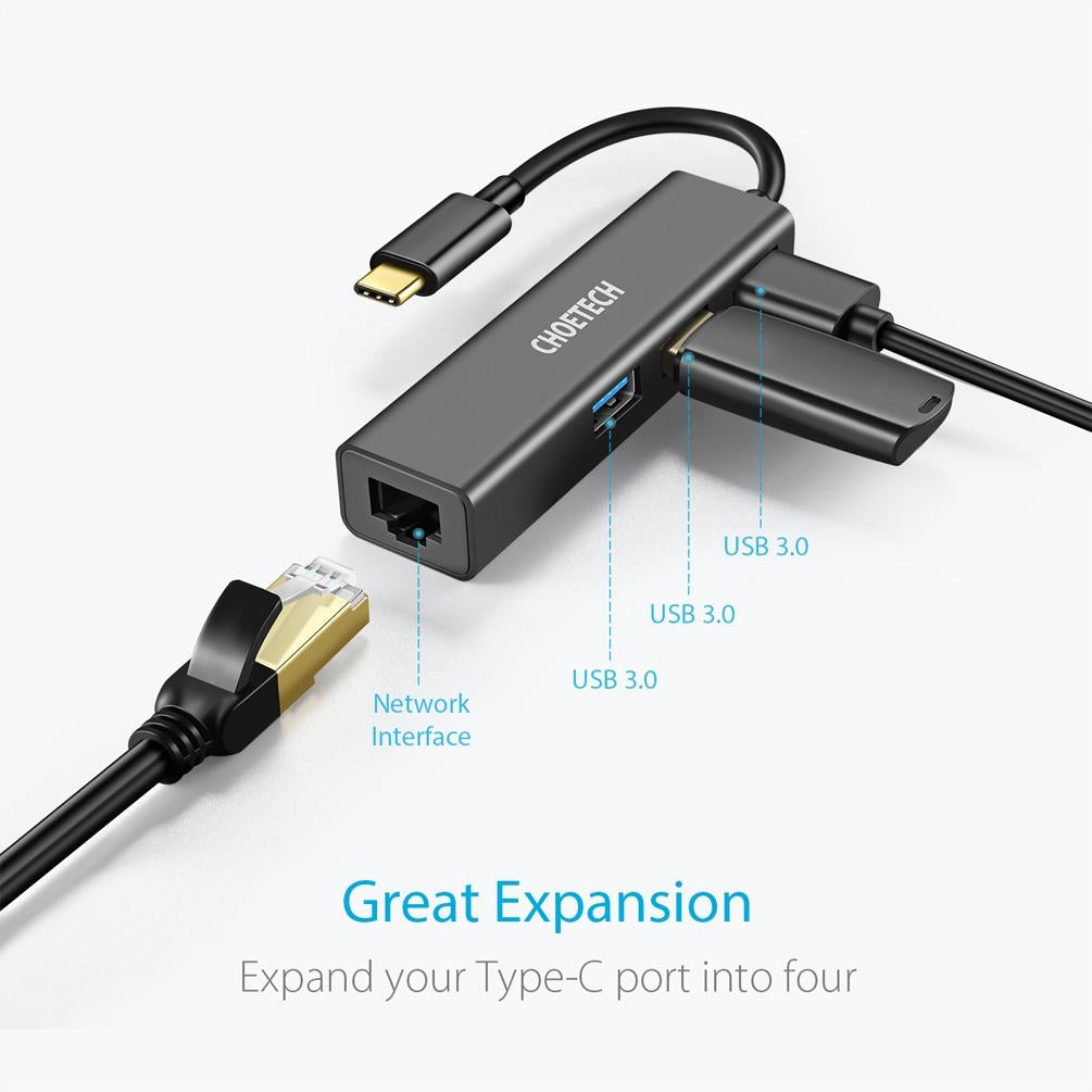 CHOETECH HUB-U02 USB-C To Ethernet Hub - SuperSaverAU - view 2