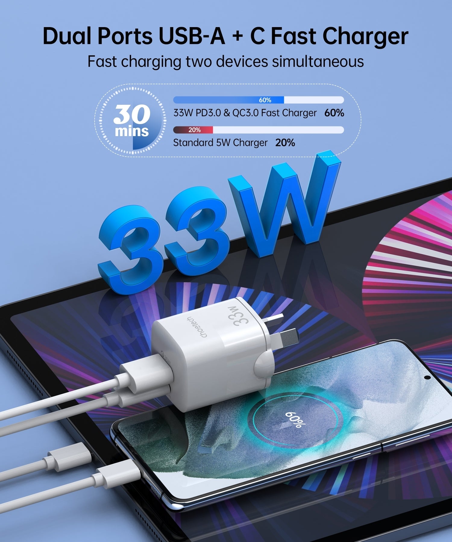 CHOETECH PD5006 33W Dual Port Wall Charger - SuperSaverAU - view 7