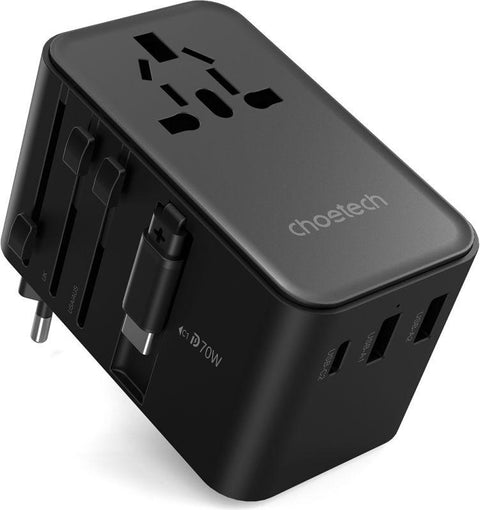 CHOETECH PD5022 70W EU/US/AUS/UK Travel Adapter with Built-in USB-C Cable - Black - SuperSaverAU - view 1
