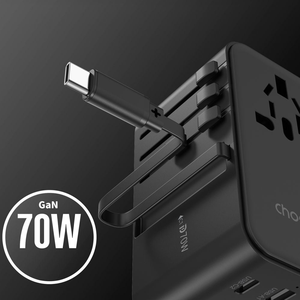 CHOETECH PD5022 70W EU/US/AUS/UK Travel Adapter with Built-in USB-C Cable - Black - SuperSaverAU - view 3