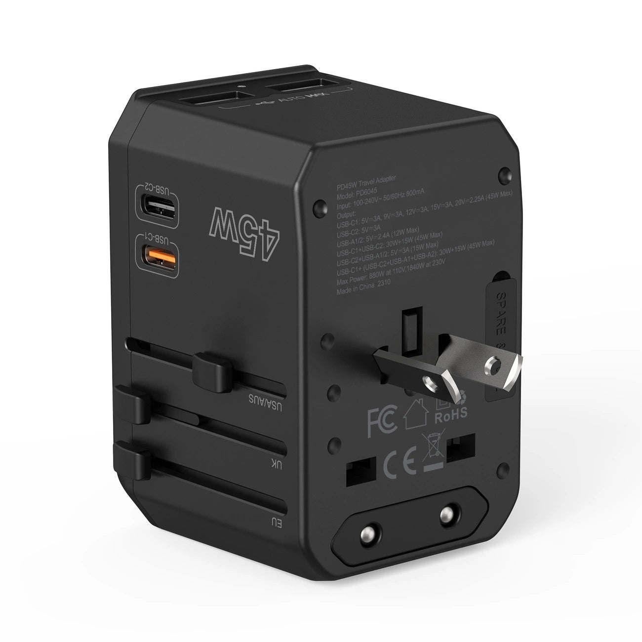 Choetech 45W GaN Travel Adapter with 2C+2A Ports and Global Plugs