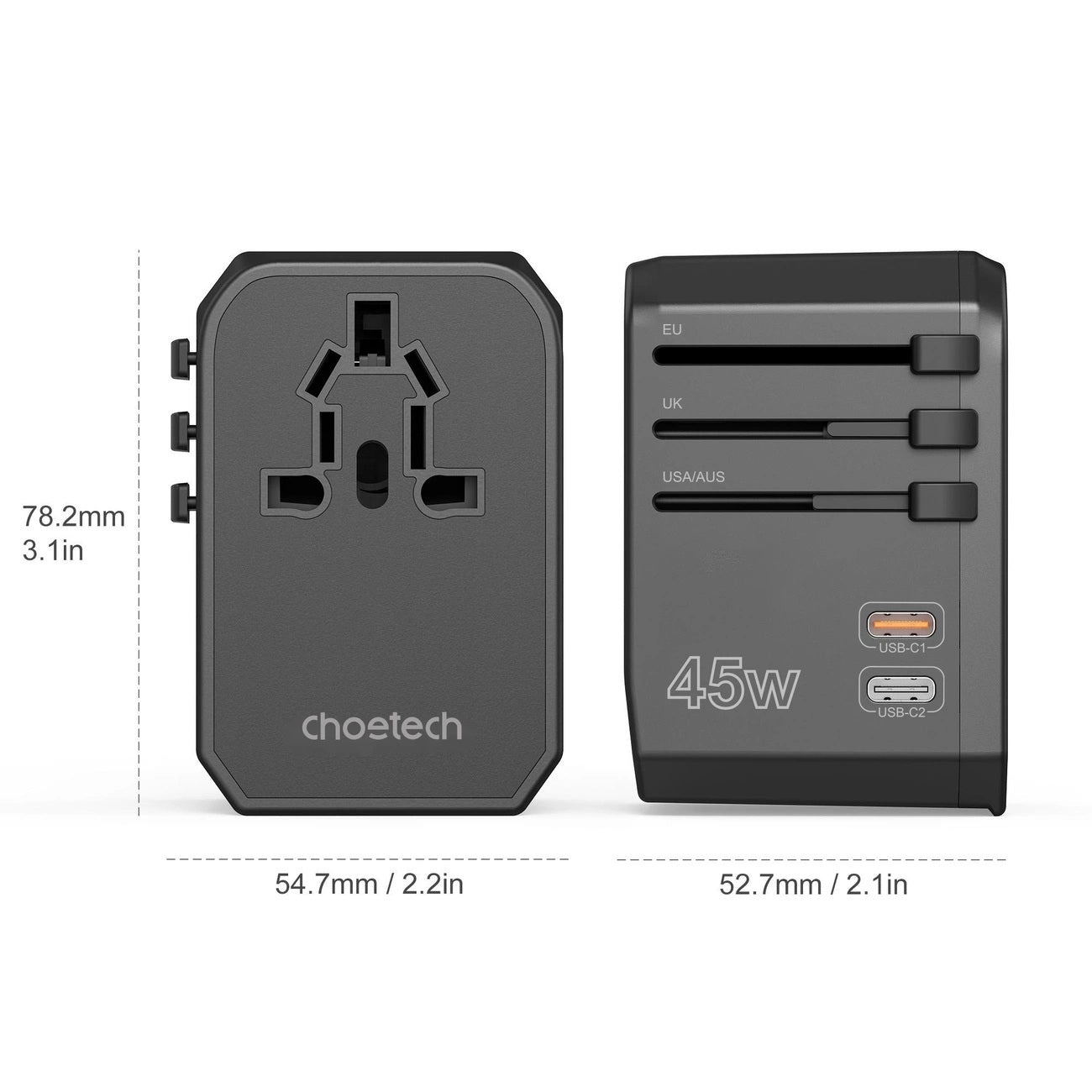 Choetech 45W GaN Travel Adapter with 2C+2A Ports and Global Plugs