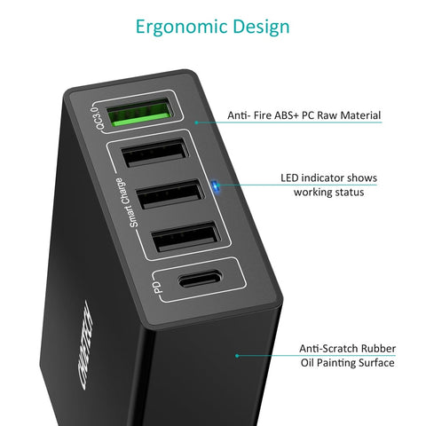 CHOETECH Q34U2Q 5-Port 60W PD Charger with 30W Power Delivery and 18W Quick Charge 3.0 - SuperSaverAU - view 2