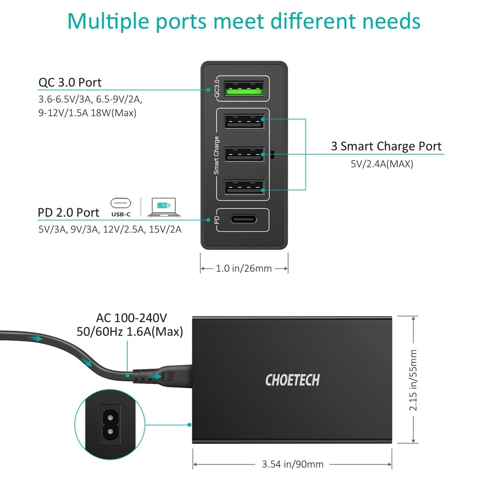 CHOETECH Q34U2Q 5-Port 60W PD Charger with 30W Power Delivery and 18W Quick Charge 3.0 - SuperSaverAU - view 4