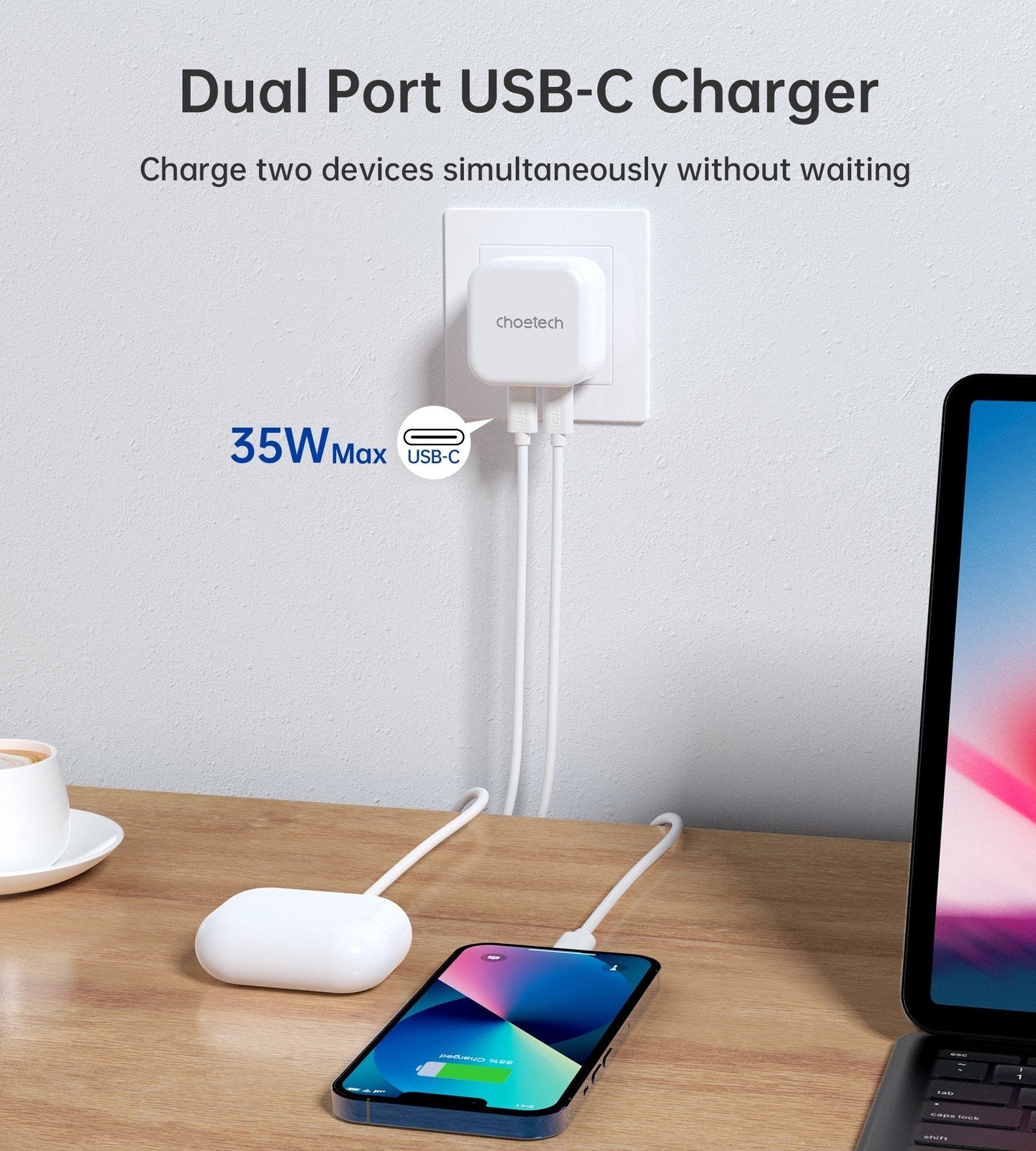 CHOETECH 35W Dual USB-C Charger with Power Delivery, Compact Travel Accessory - SuperSaverAU - view 7