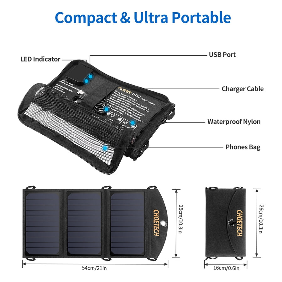 CHOETECH 19W Portable Solar Panel Charger, Dual USB, Slim & Durable, 10.2 x 6.3 inch - SuperSaverAU - view 1
