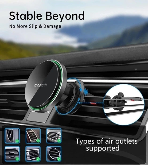 CHOETECH 15W Magnetic Car Charger Holder with LED Light, 360° Rotation, Black - SuperSaverAU - view 2