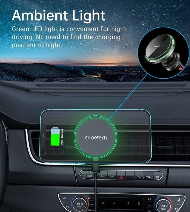 CHOETECH 15W Magnetic Car Charger Holder with LED Light, 360° Rotation, Black - SuperSaverAU - view 4