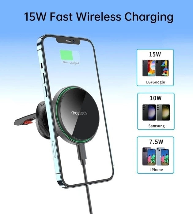 CHOETECH 15W Magnetic Car Charger Holder with LED Light, One-Handed Operation - SuperSaverAU - view 2