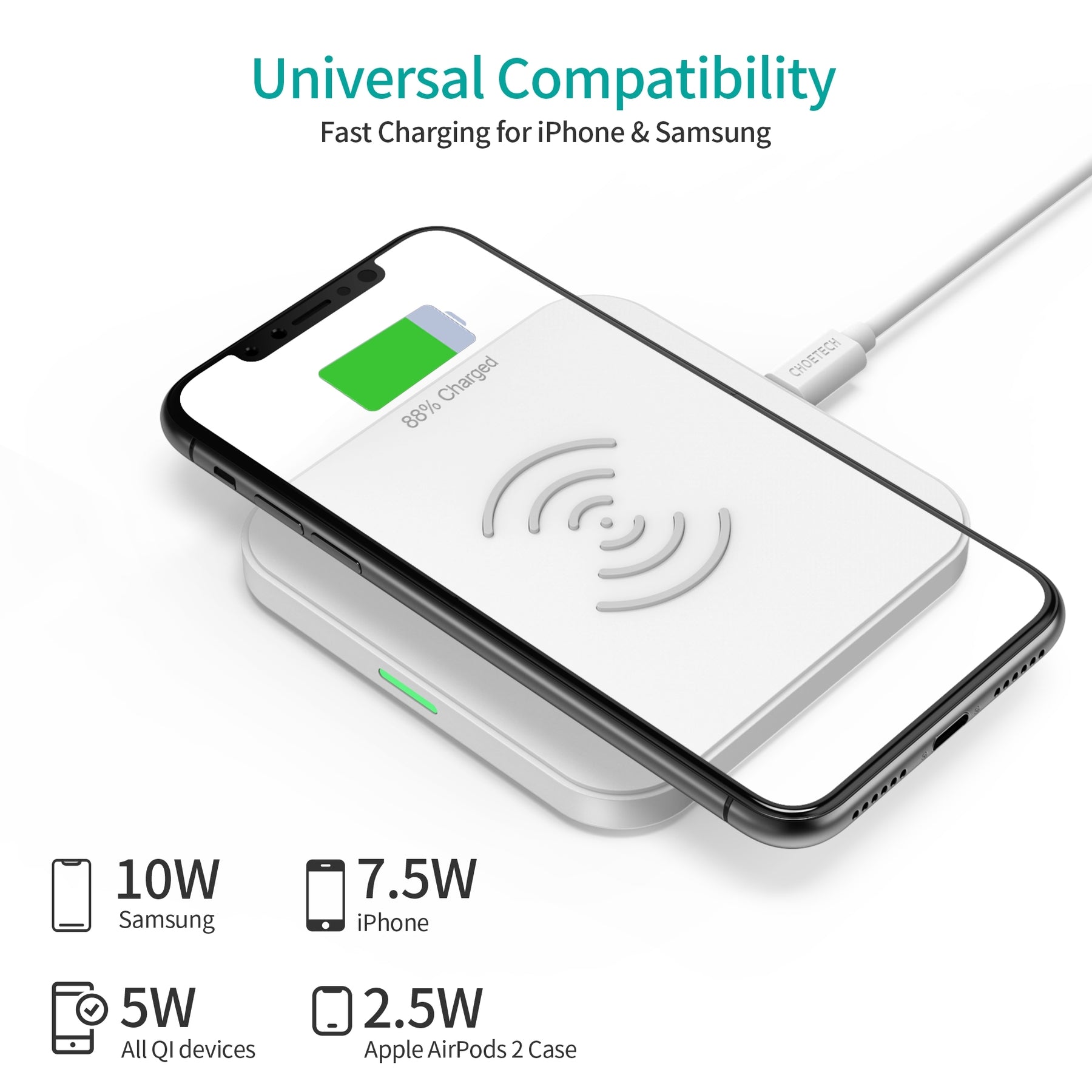 CHOETECH T511-S 10W/7.5W Fast Wireless Charger Pad (White) - SuperSaverAU - view 4