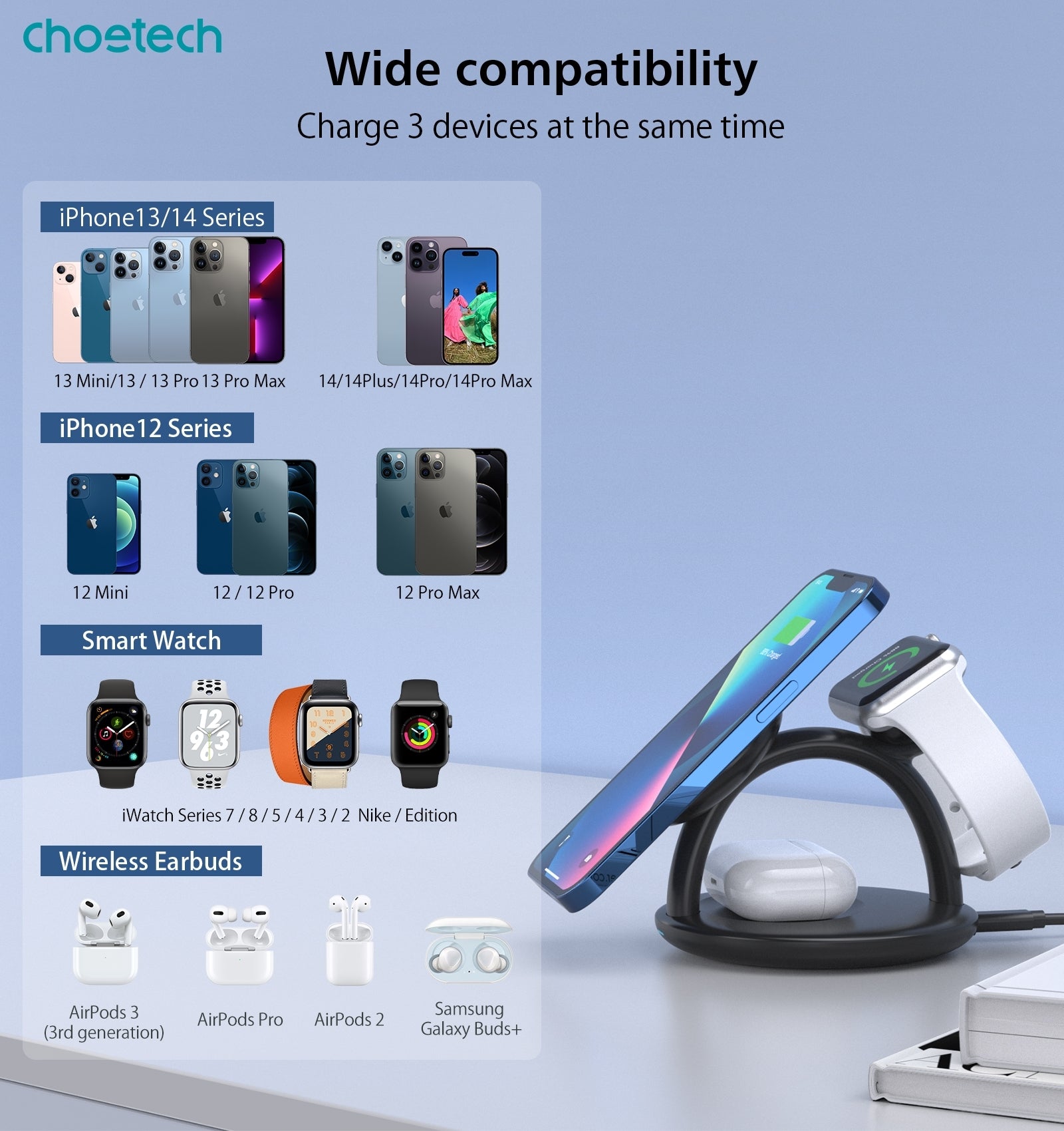 CHOETECH T587-F 3-in-1 Magnetic Wireless Charger Station for iPhone 12/13/14/AirPods Pro/iWatch - SuperSaverAU - view 9