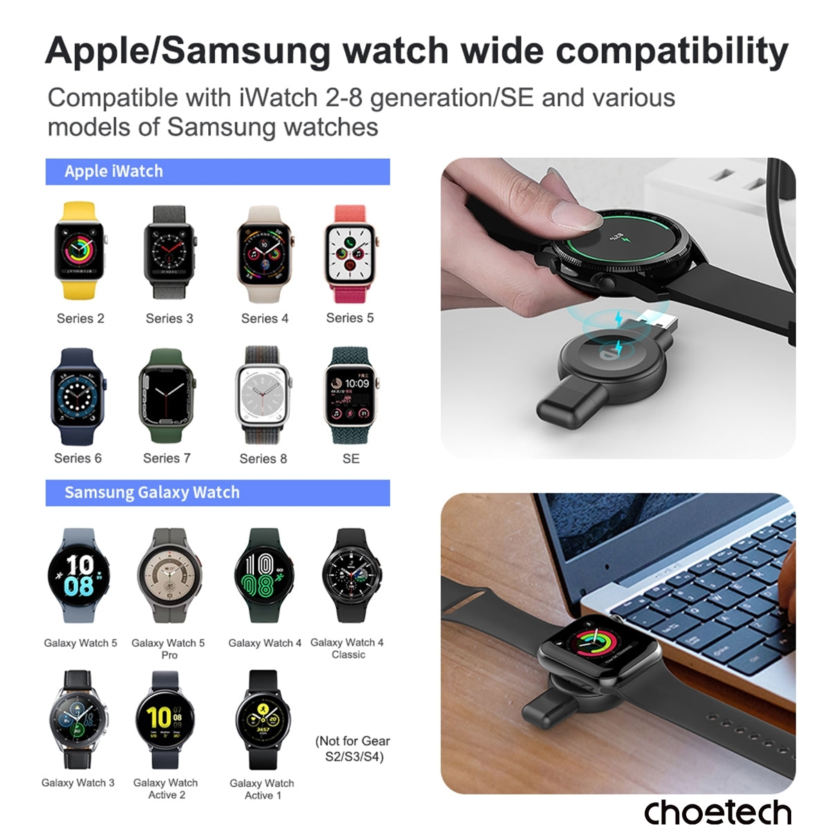 CHOETECH T606-F USB-A +USB-C Magnetic Charger for Samsung & Apple Watch - SuperSaverAU - view 3