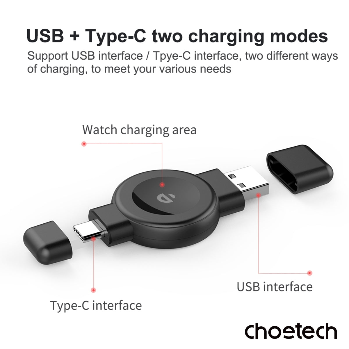 CHOETECH T606-F USB-A +USB-C Magnetic Charger for Samsung & Apple Watch - SuperSaverAU - view 4