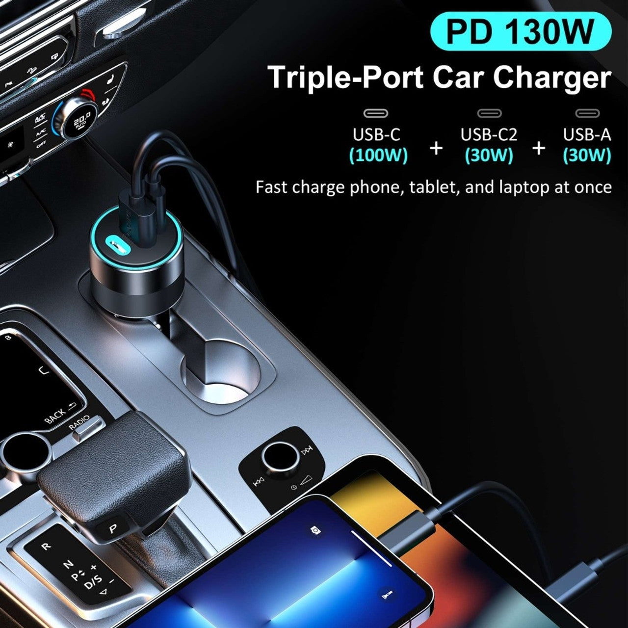 CHOETECH TC0011 130W 3 Ports (Dual USB-C Port PD3.0 + USB-A Port) Fast Car Charger - SuperSaverAU - view 3