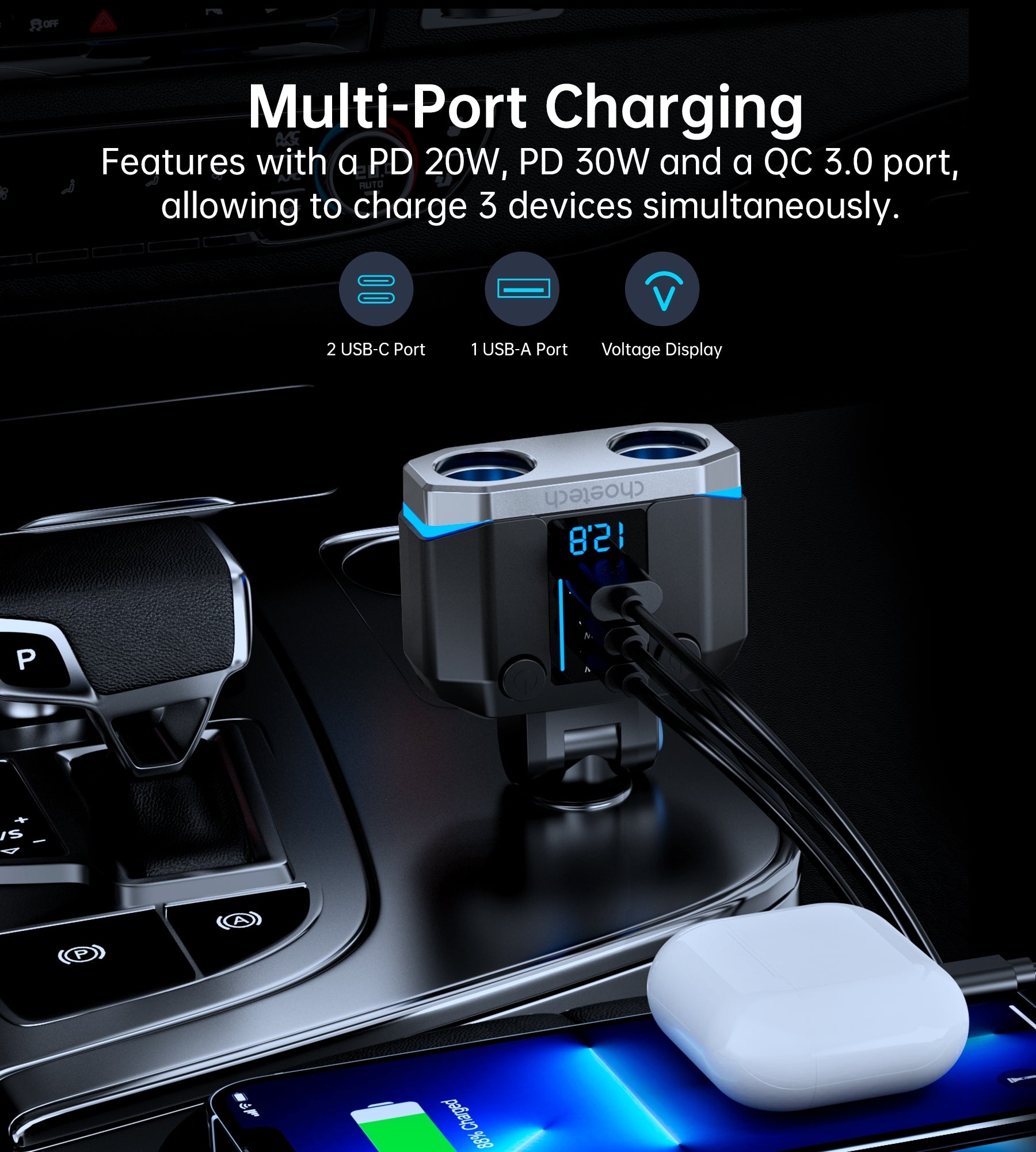 CHOETECH TC0020 45W 2 Sockets + 2x USB-C + 1x USB-A Cigarette Lighter Splitter - SuperSaverAU - view 3