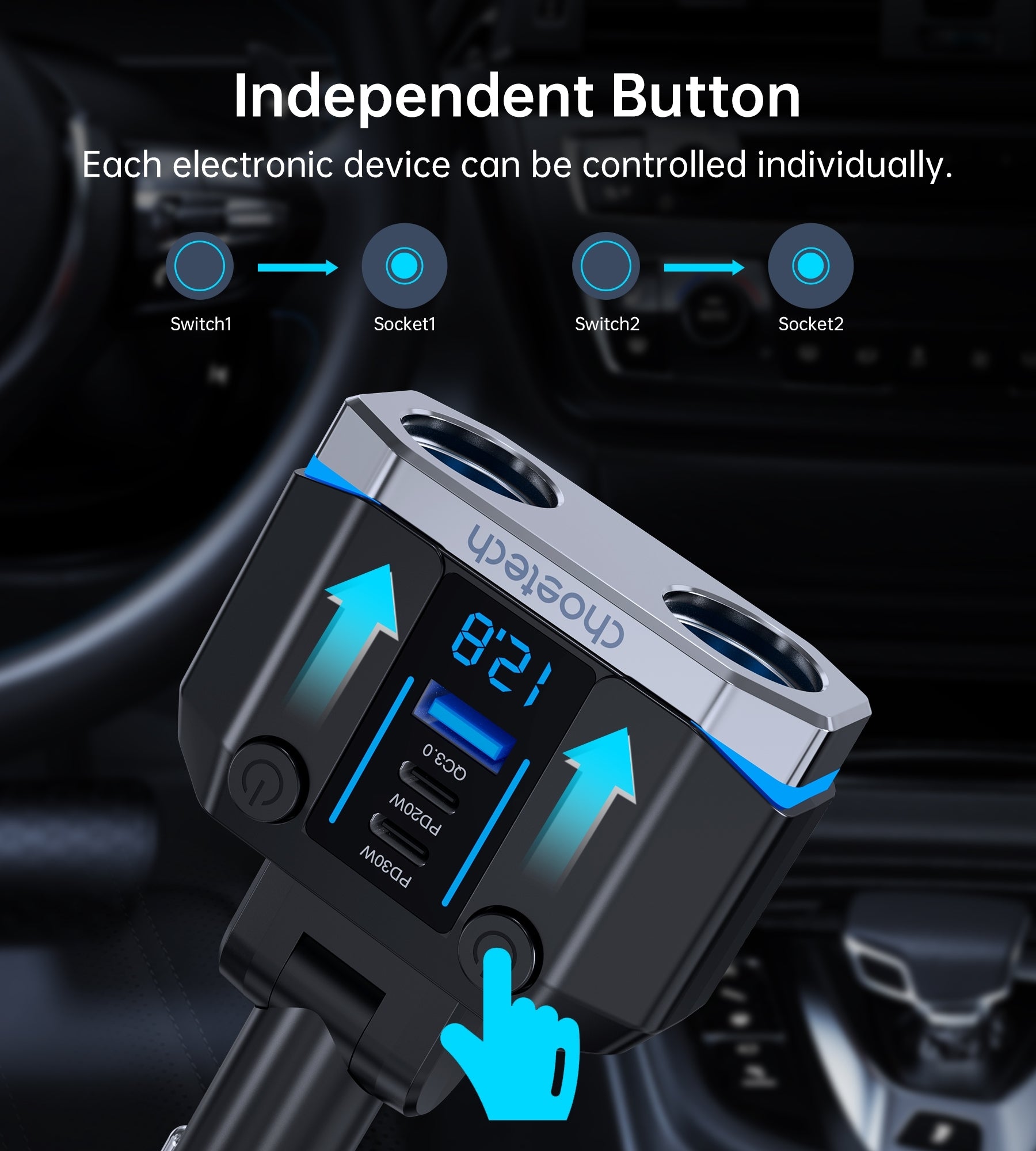 CHOETECH TC0020 45W 2 Sockets + 2x USB-C + 1x USB-A Cigarette Lighter Splitter - SuperSaverAU - view 7