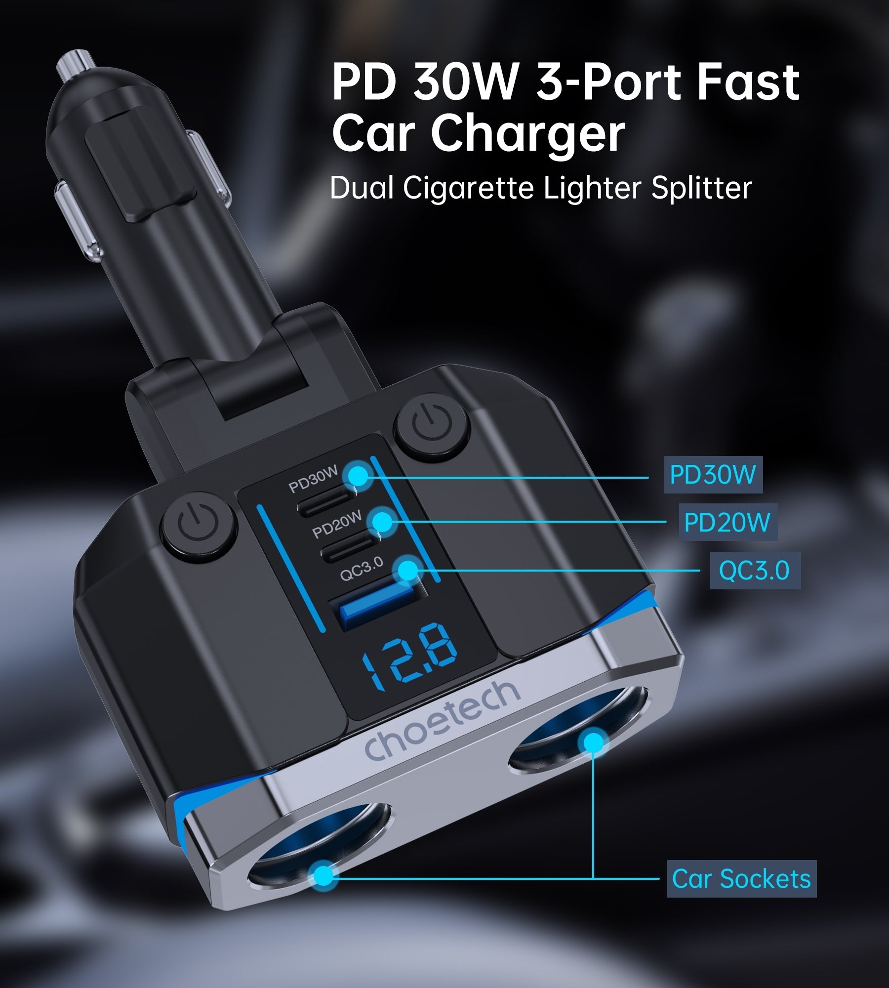 CHOETECH TC0020 45W 2 Sockets + 2x USB-C + 1x USB-A Cigarette Lighter Splitter - SuperSaverAU - view 9