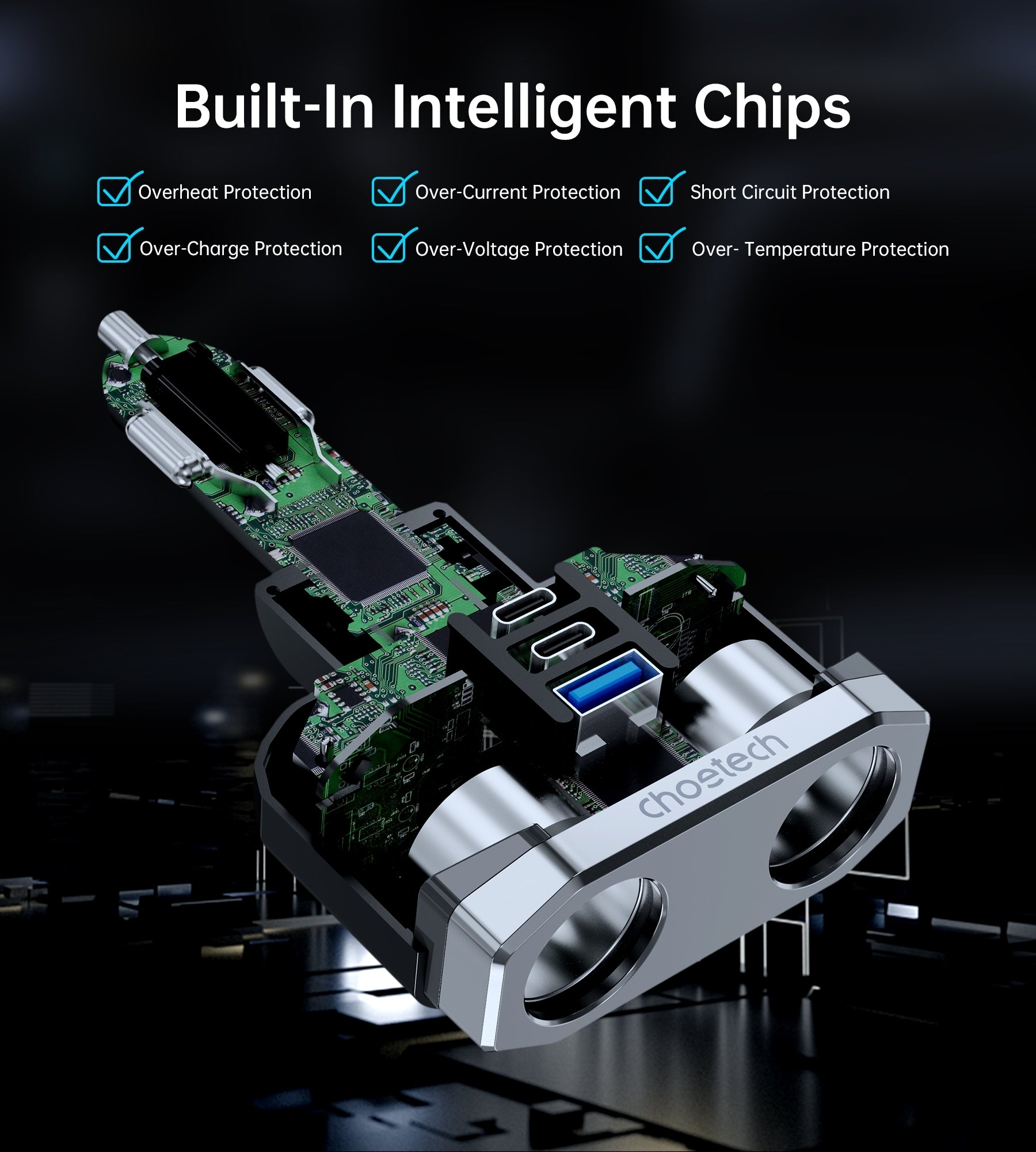 CHOETECH TC0020 45W 2 Sockets + 2x USB-C + 1x USB-A Cigarette Lighter Splitter - SuperSaverAU - view 10