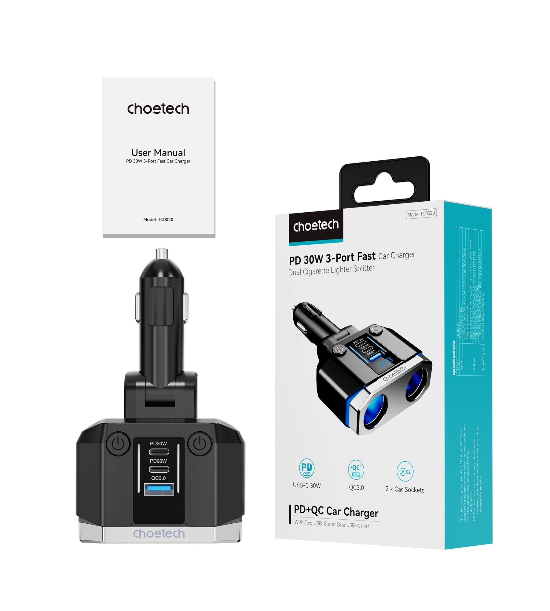 CHOETECH TC0020 45W 2 Sockets + 2x USB-C + 1x USB-A Cigarette Lighter Splitter - SuperSaverAU - view 11