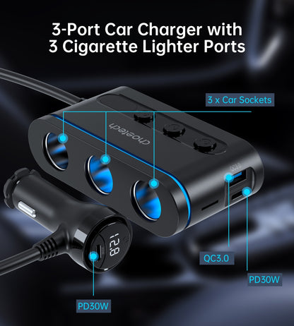 CHOETECH TC0021 3 Sockets 2C+1A Cigarette Lighter Splitter Black