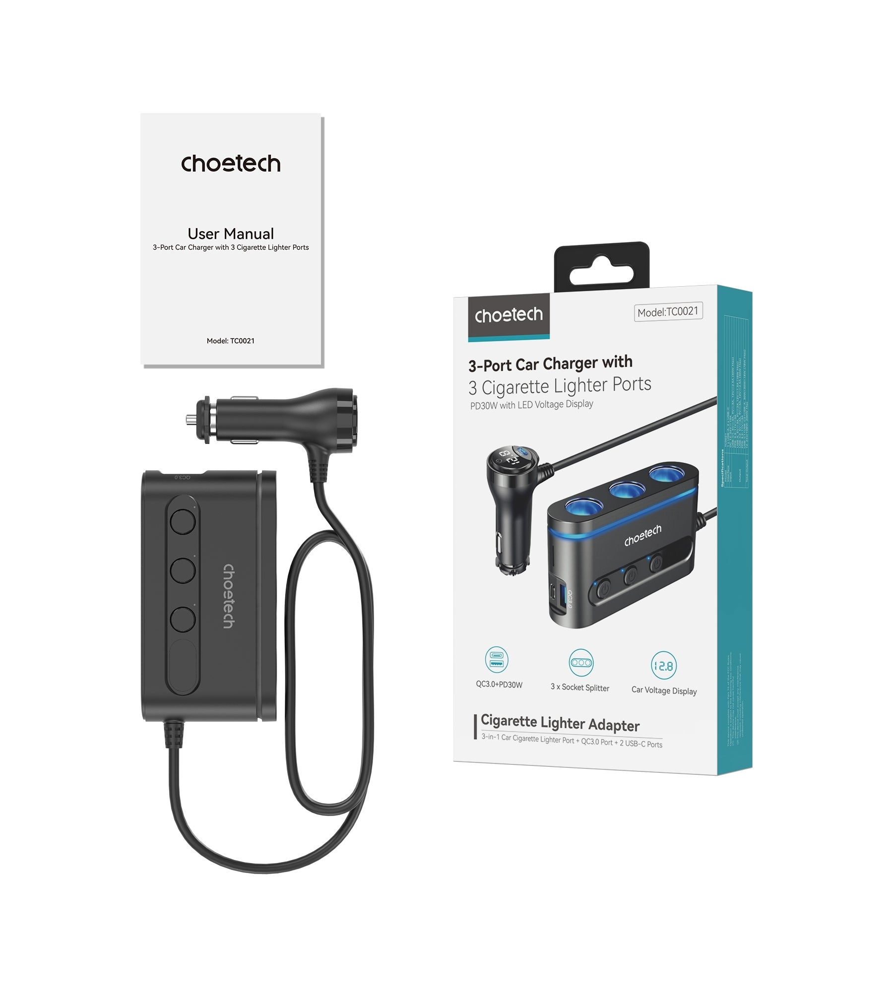 CHOETECH TC0021 3 Sockets 2C+1A Cigarette Lighter Splitter Black - SuperSaverAU - view 9