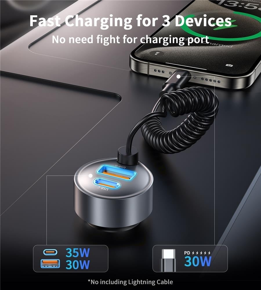CHOETECH TC0030 65W 3-Port Fast Car Charger with 3.3ft Type-C Stretchable Cable - SuperSaverAU - view 3