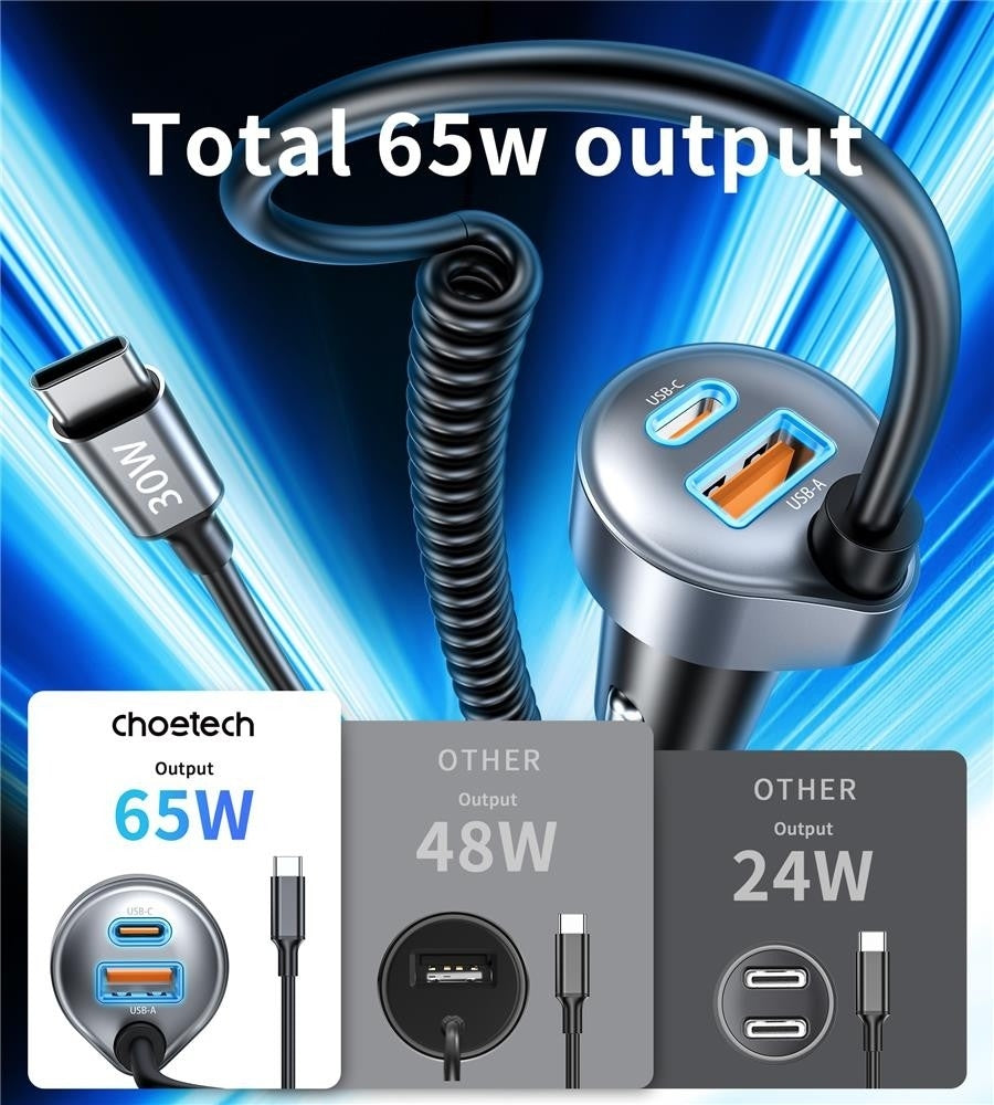 CHOETECH TC0030 65W 3-Port Fast Car Charger with 3.3ft Type-C Stretchable Cable - SuperSaverAU - view 5
