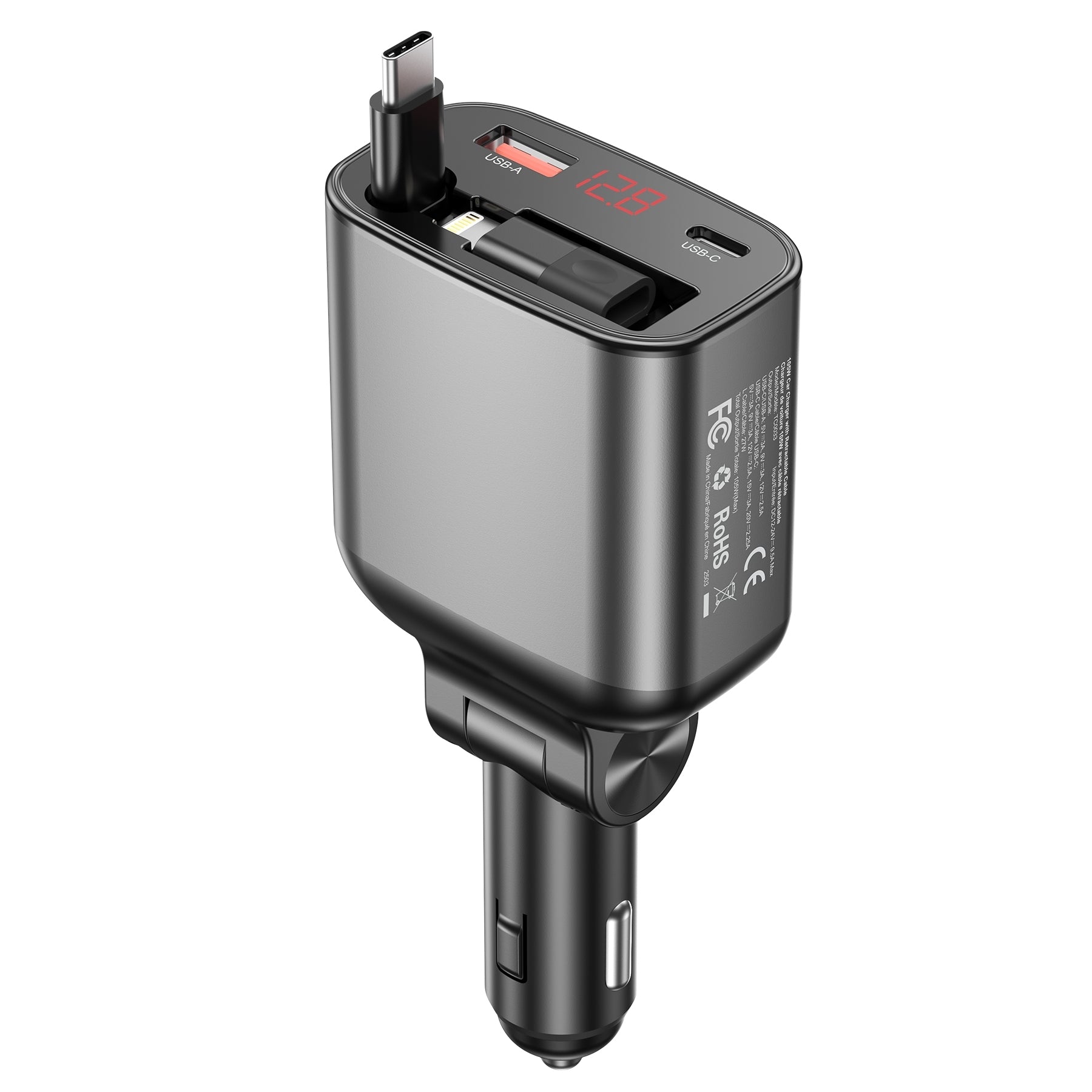 CHOETECH TC0033 105W USB-C+USB-A Fast car charger with Stretchable USB-C + Lightning cables - SuperSaverAU - view 1