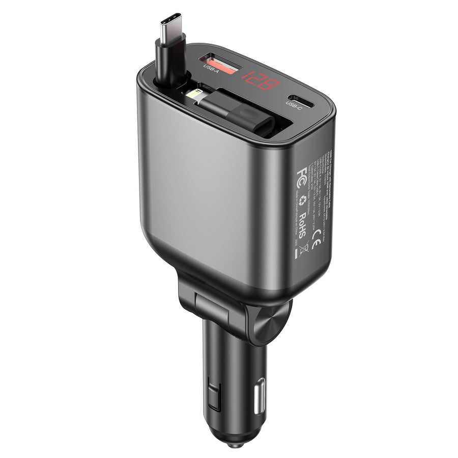 CHOETECH TC0033 105W USB-C+USB-A Fast car charger with Stretchable USB-C + Lightning cables - SuperSaverAU - view 1