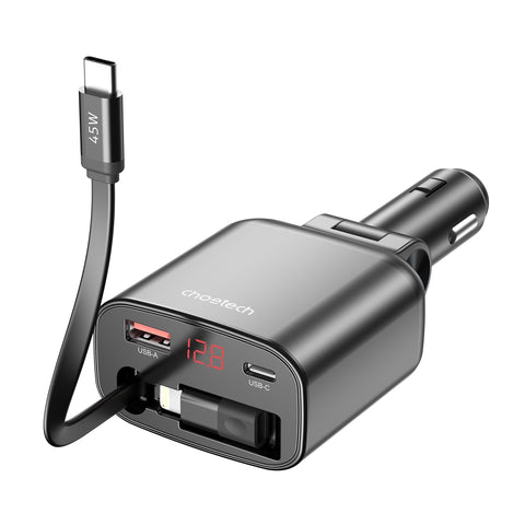CHOETECH TC0033 105W USB-C+USB-A Fast car charger with Stretchable USB-C + Lightning cables - SuperSaverAU - view 2