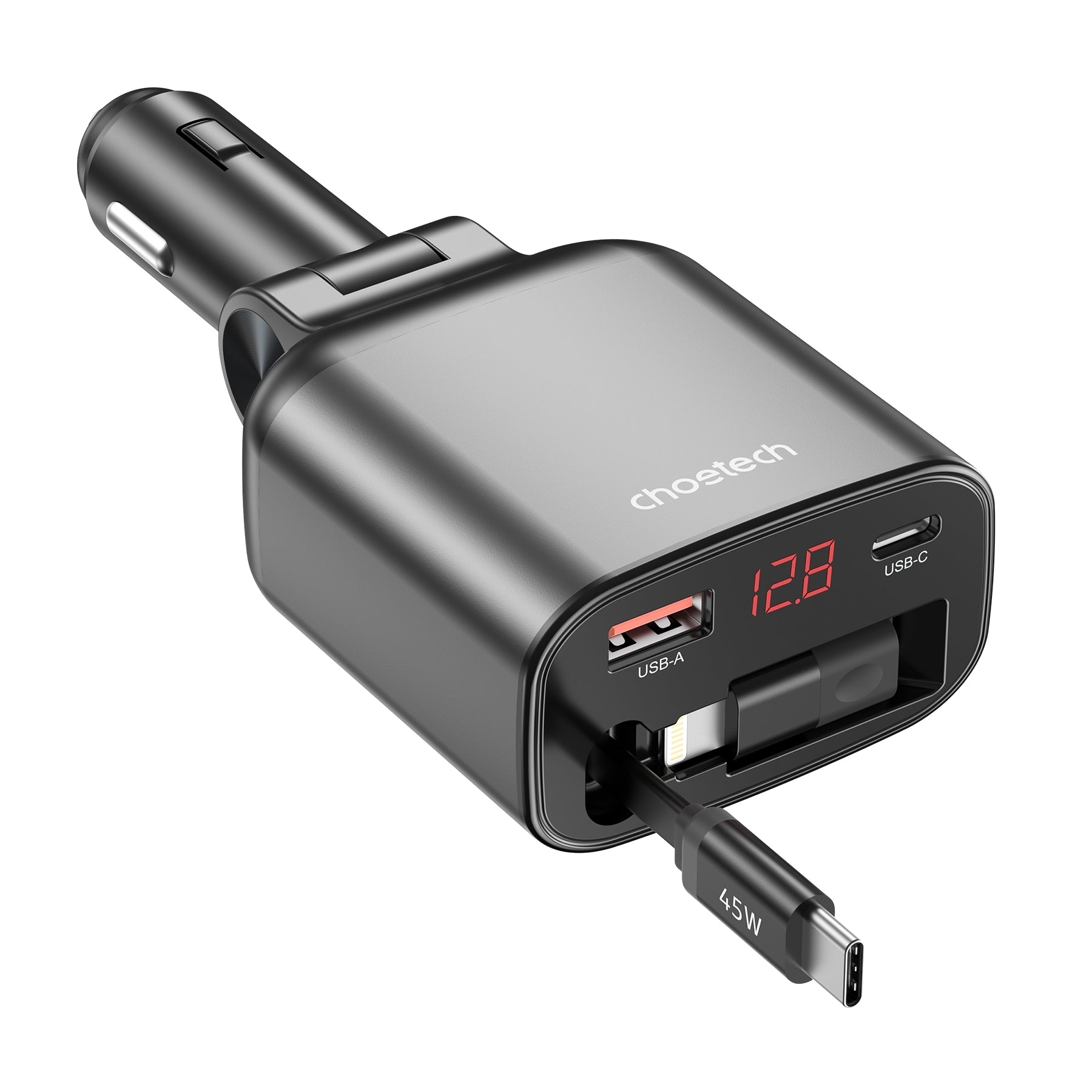 CHOETECH TC0033 105W USB-C+USB-A Fast car charger with Stretchable USB-C + Lightning cables - SuperSaverAU - view 3