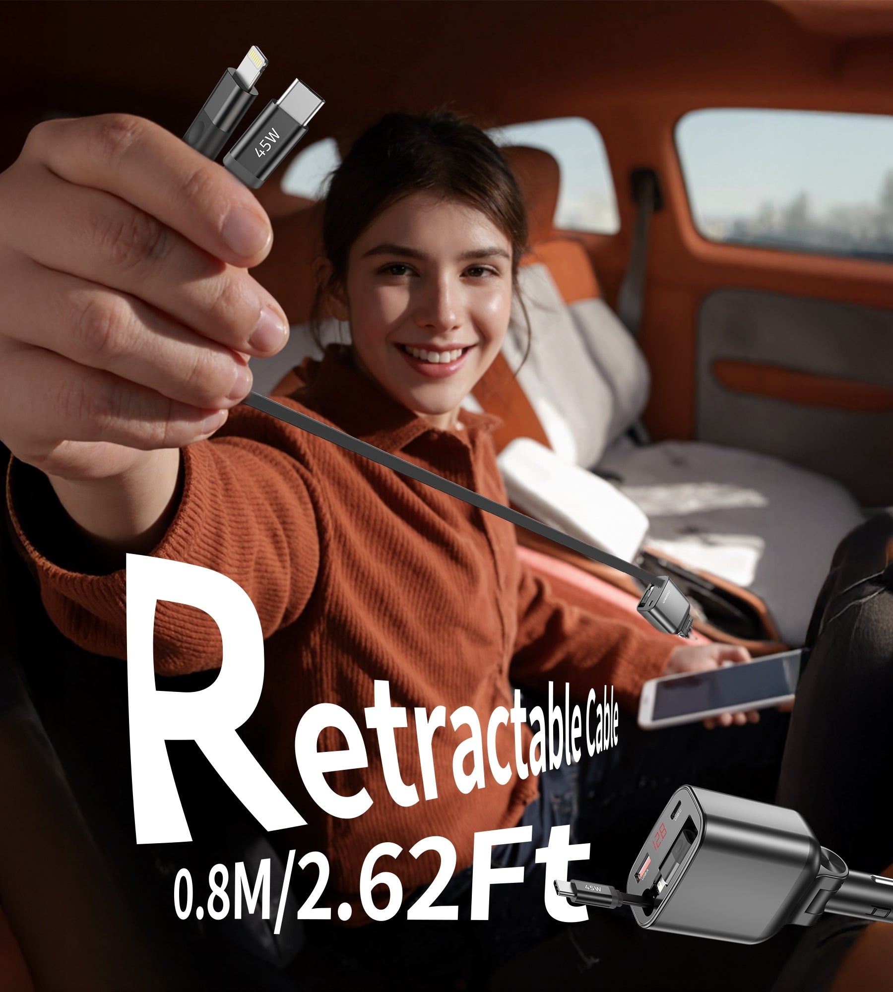 CHOETECH TC0033 105W USB-C+USB-A Fast car charger with Stretchable USB-C + Lightning cables - SuperSaverAU - view 6