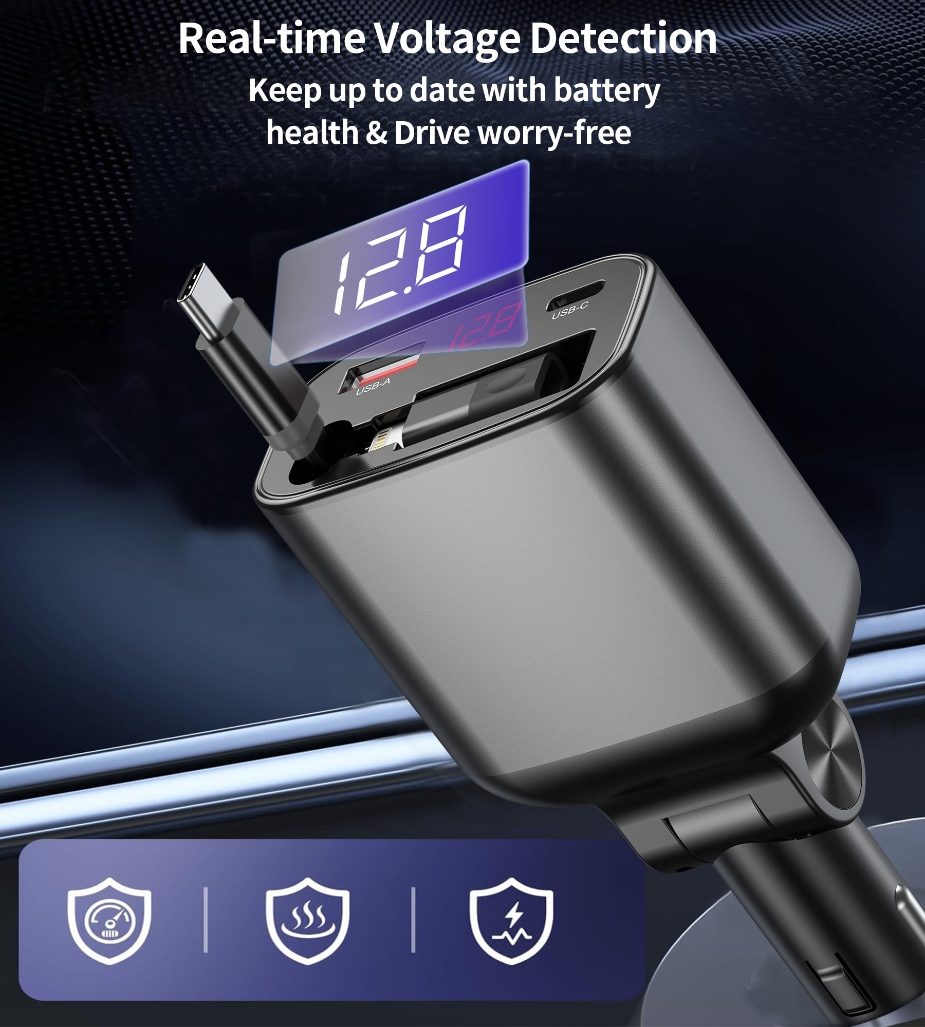 CHOETECH TC0033 105W USB-C+USB-A Fast car charger with Stretchable USB-C + Lightning cables - SuperSaverAU - view 7