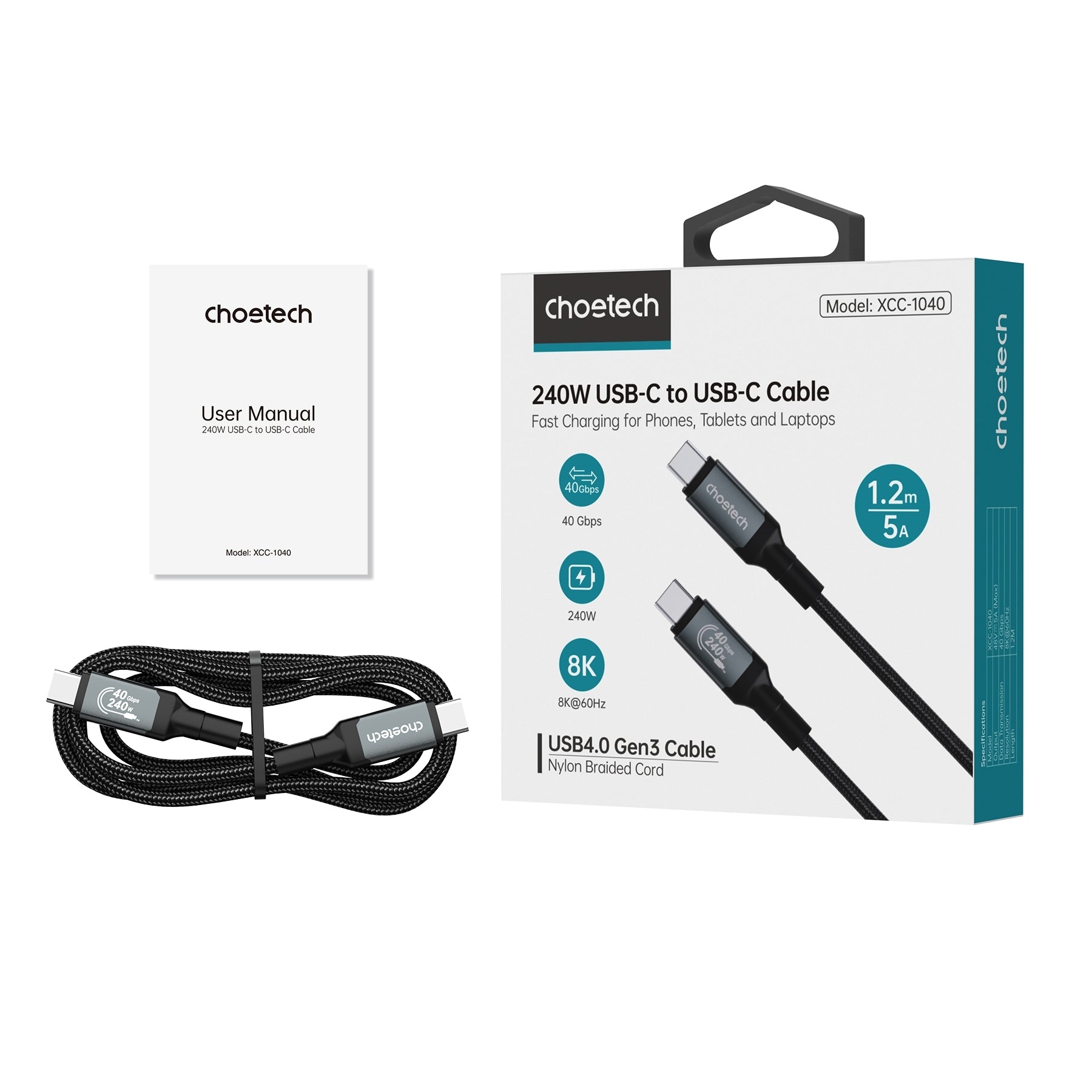 CHOETECH XCC-1042 Gen3.0 USB4.0 with 8K @ 60hz Video & Audio 240W USB-C to C Braided Cable 2M - SuperSaverAU - view 3