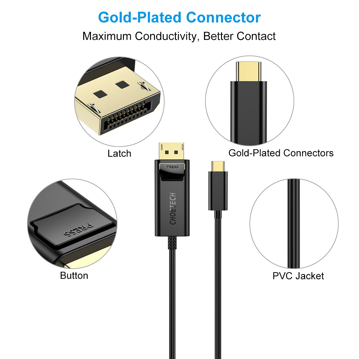 Choetech XCP-1801BK USB-C to DisplayPort Cable 1.8m - SuperSaverAU - view 2