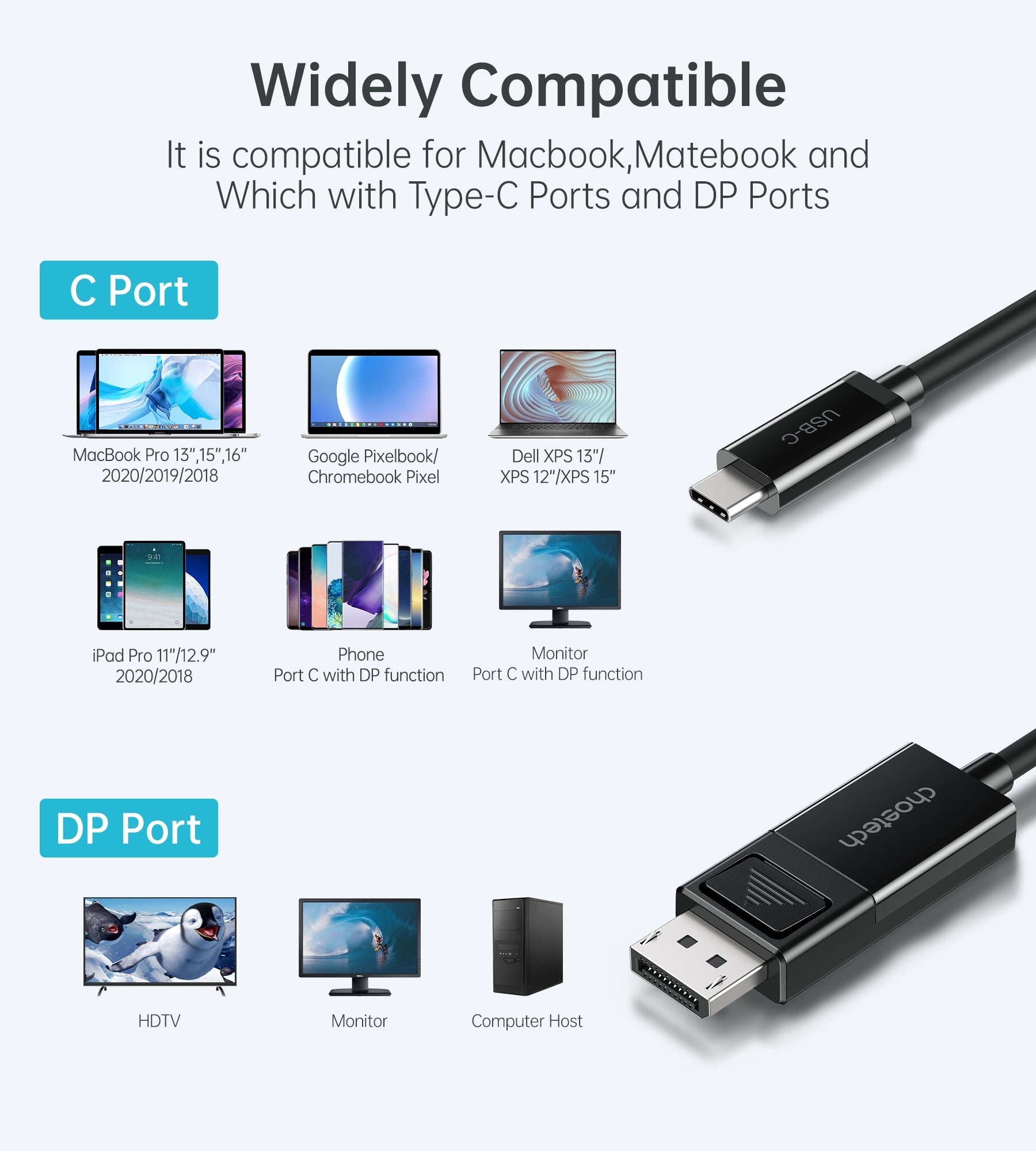 CHOETECH XCP-1803 USB-C To DisplayPort Cable 8K@30Hz 1.8M Two-Way - SuperSaverAU - view 7