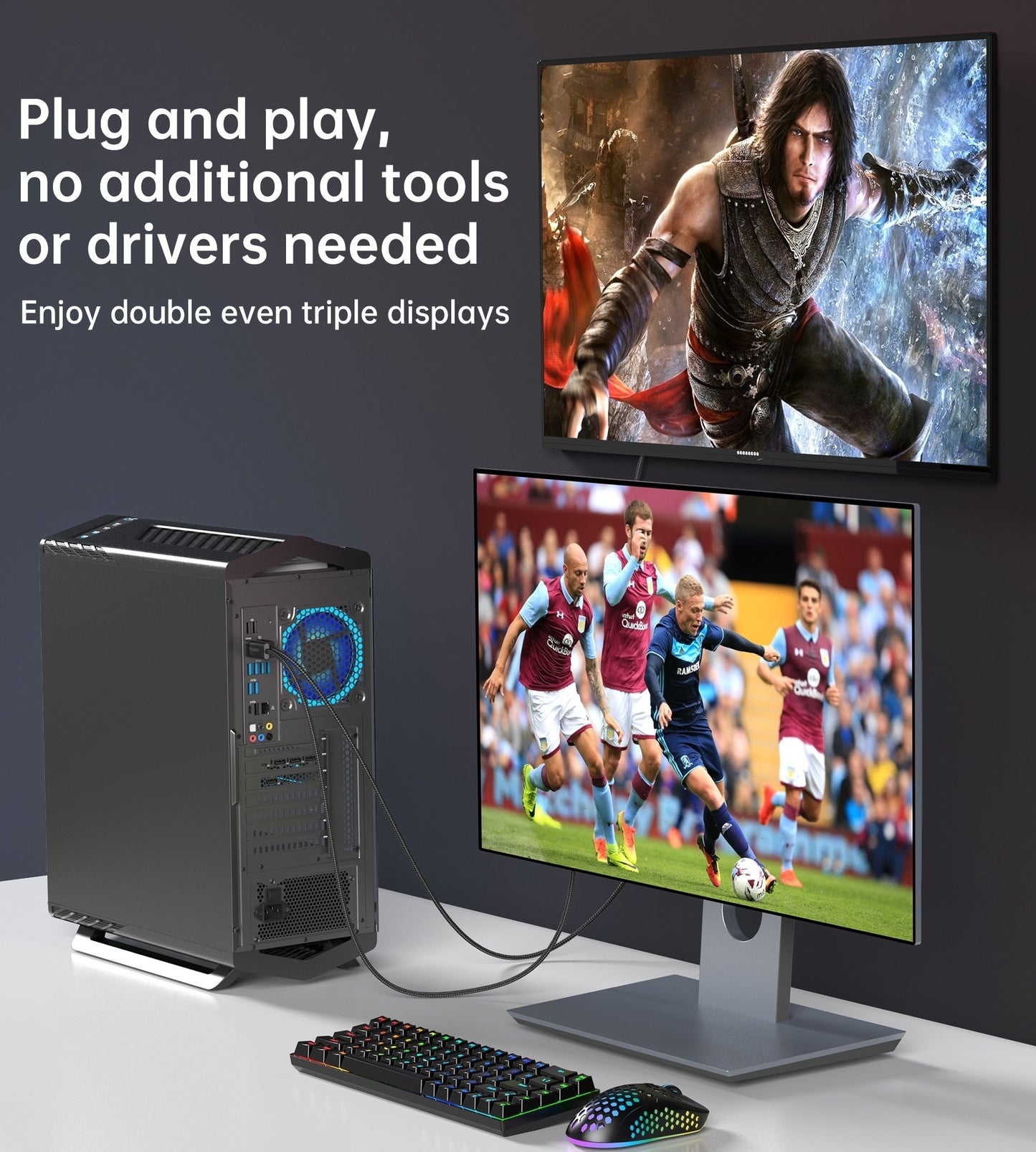 CHOETECH 2m Braided DisplayPort to HDMI 4K60Hz Male Cable Audio Video Adapter