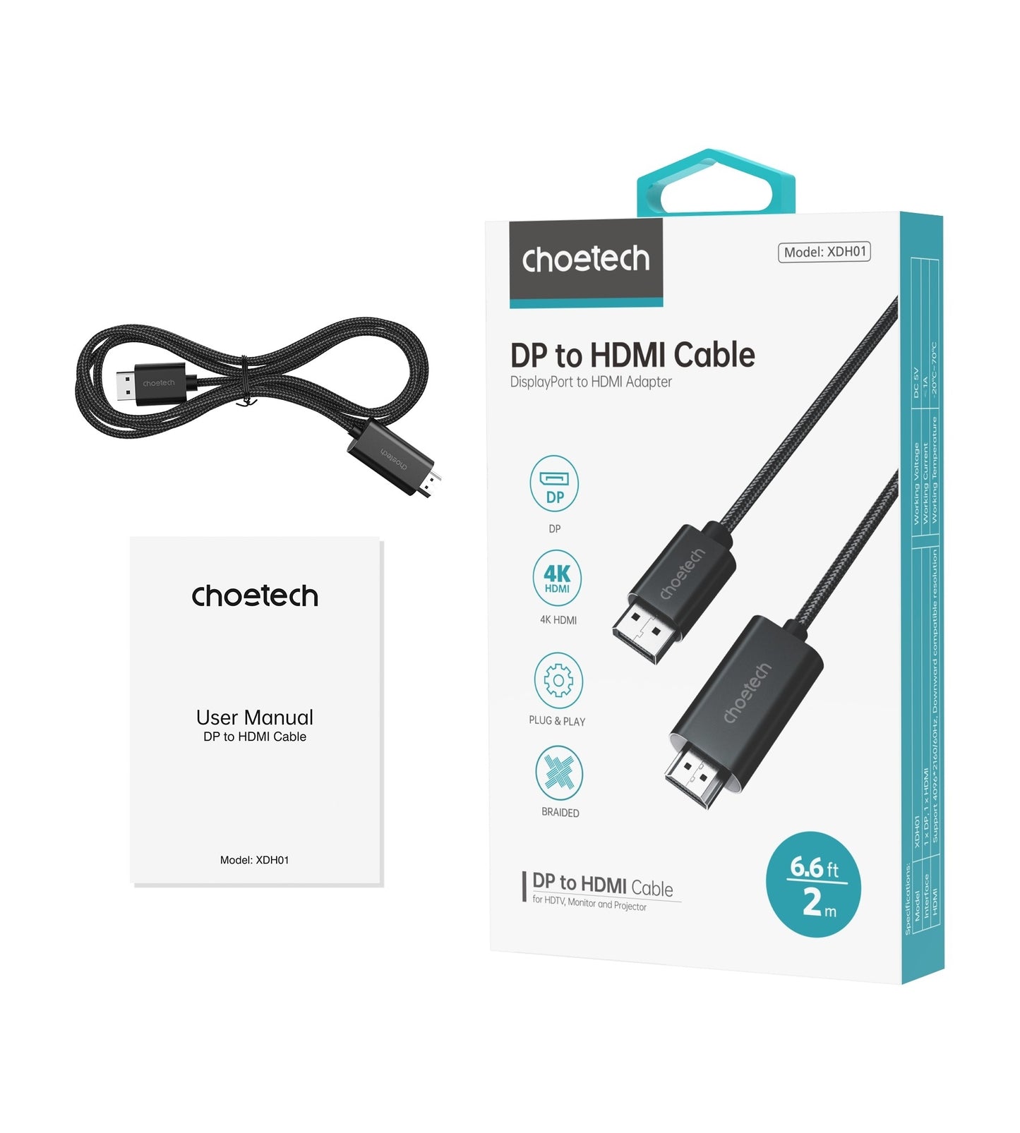 CHOETECH 2m Braided DisplayPort to HDMI 4K60Hz Male Cable Audio Video Adapter