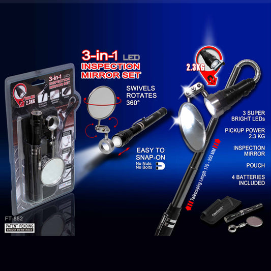 Telescopic Flashlight 170-550 MM with 3 LEDs & 360° Inspection Mirror Set