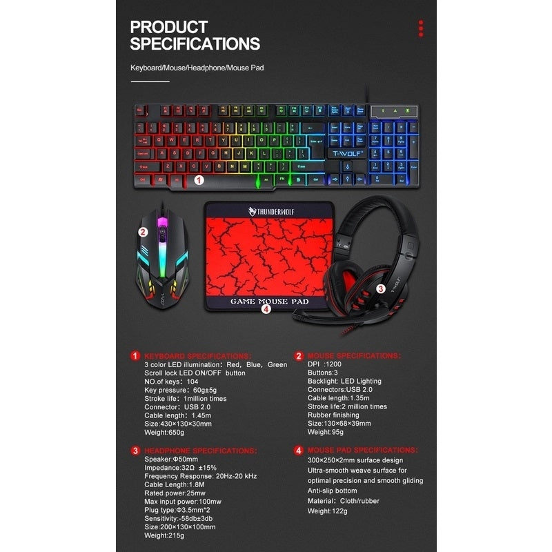 T-Wolf TF800 RGB 4-Piece Gaming Keyboard Mouse Headset Kit