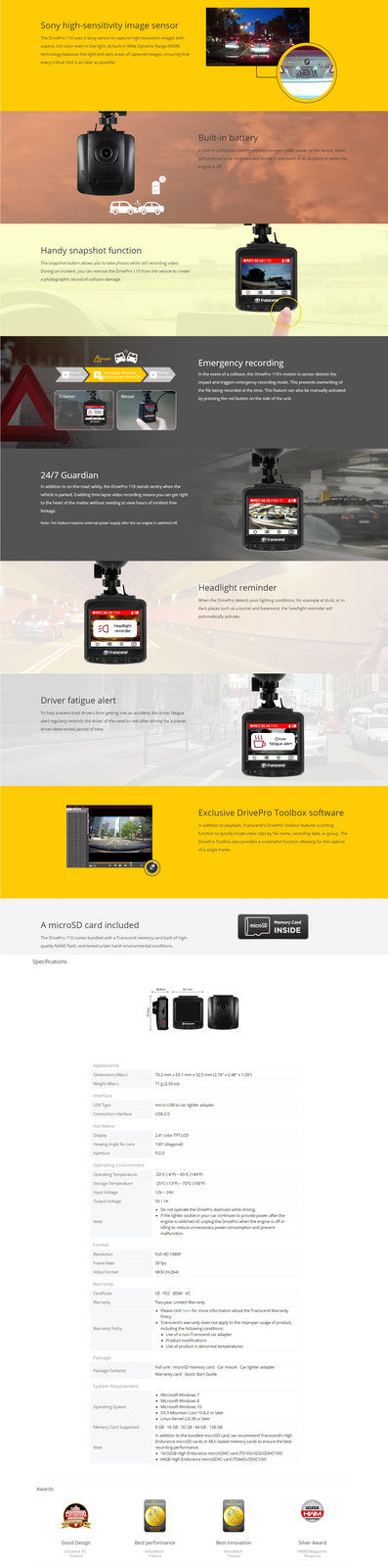 Transcend DrivePro 110 Dash Cam 16GB with 2.4-Inch LCD
