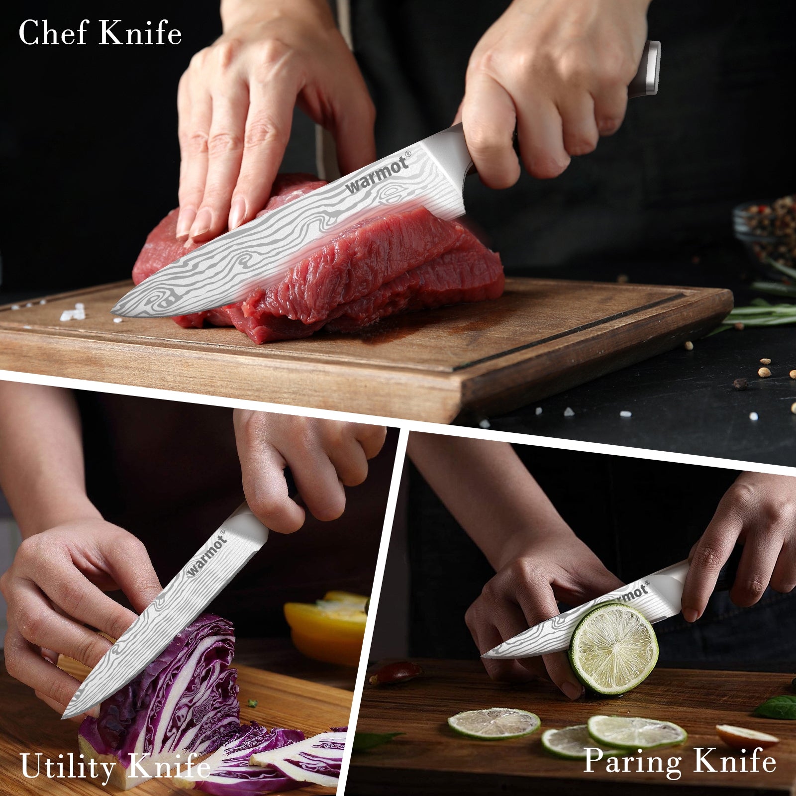 Warmot 3-Piece Kitchen Knife Set, High Carbon Stainless Steel, Ergonomic Handle - SuperSaverAU - view 1