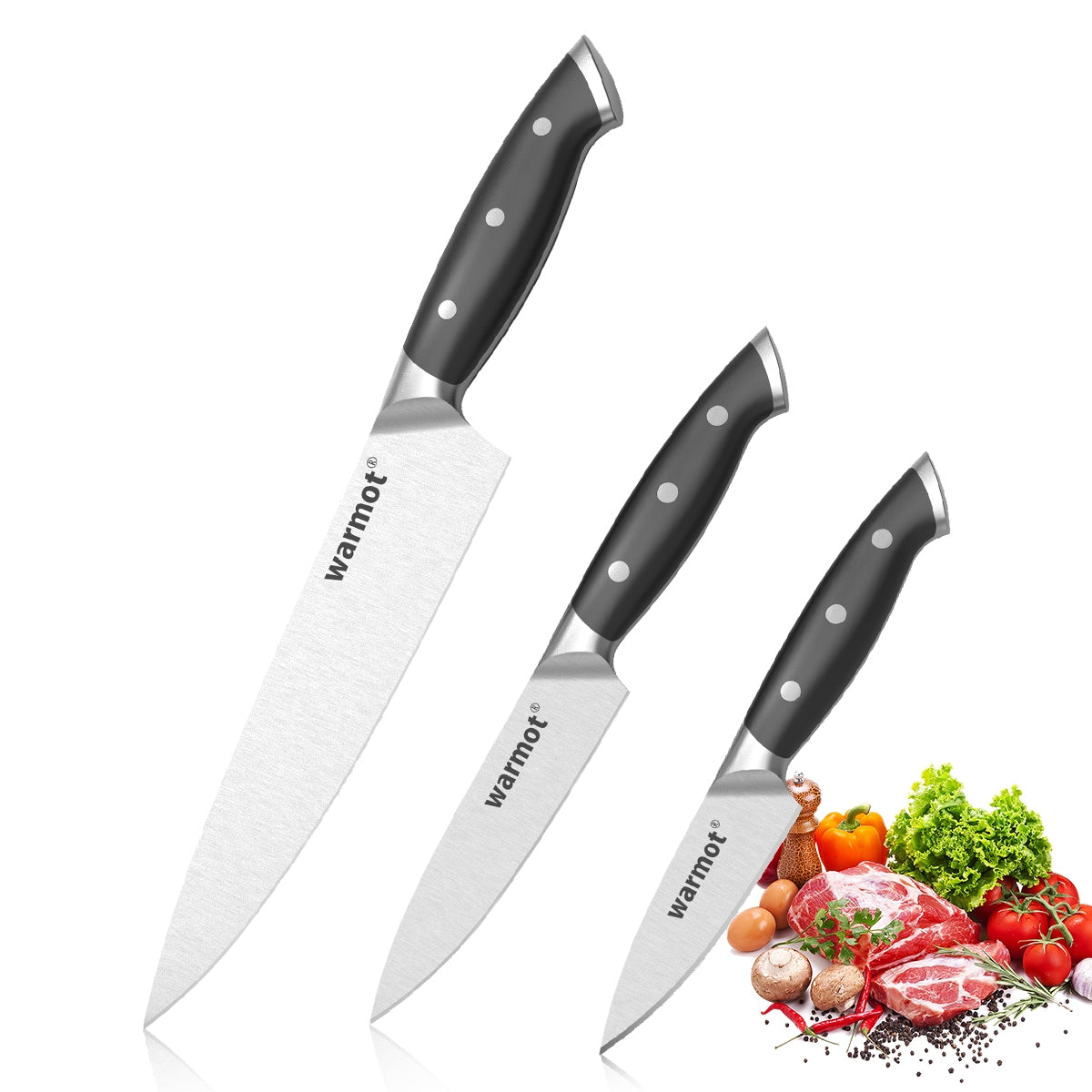 WARMOT 3-Piece Kitchen Knife Set - 8" Chef, 5" Utility, 3.5" Paring, Ergonomic Design - SuperSaverAU - view 1