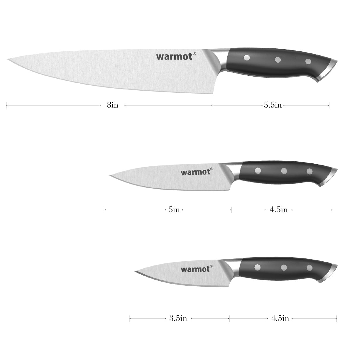 WARMOT 3-Piece Kitchen Knife Set - 8" Chef, 5" Utility, 3.5" Paring, Ergonomic Design - SuperSaverAU - view 2