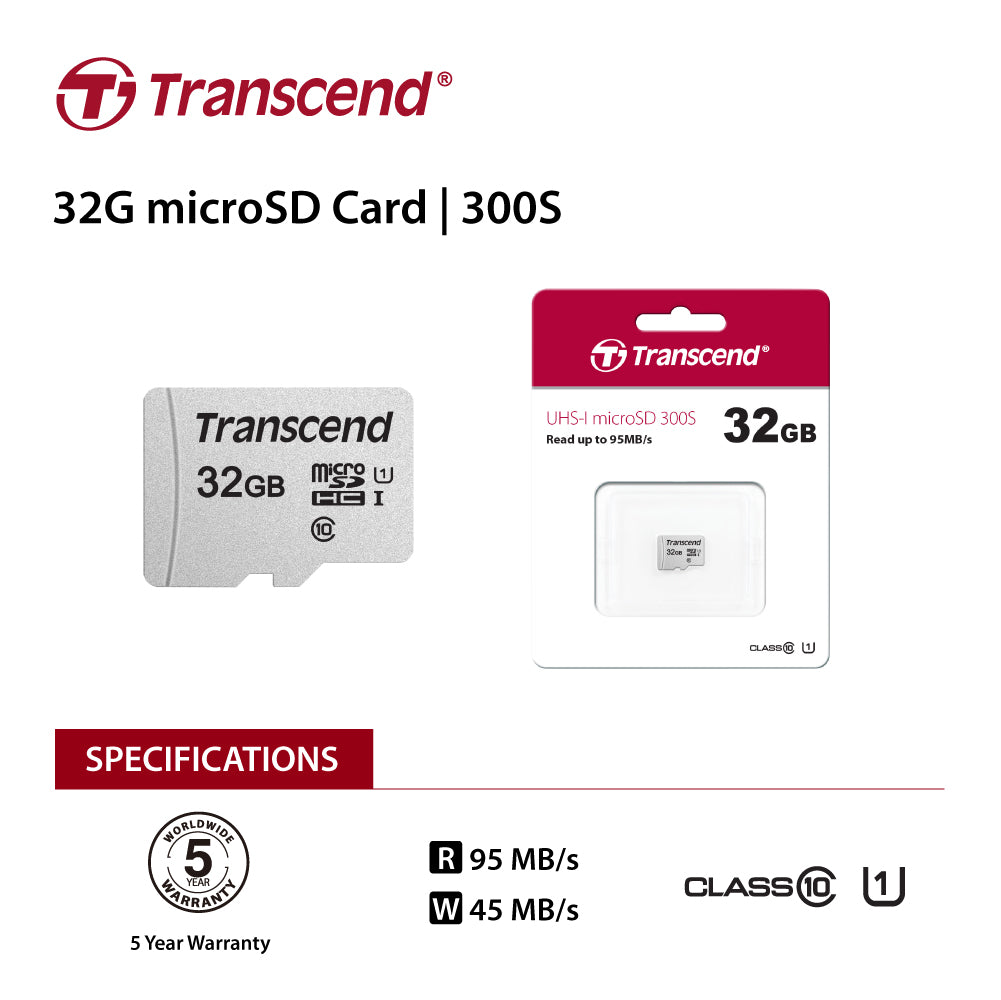 TRANSCEND TS32GUSD300S 32GB UHS-I U1 microSD w/o Adapter  (microSDHC I, C10, U1) - SuperSaverAU - view 3